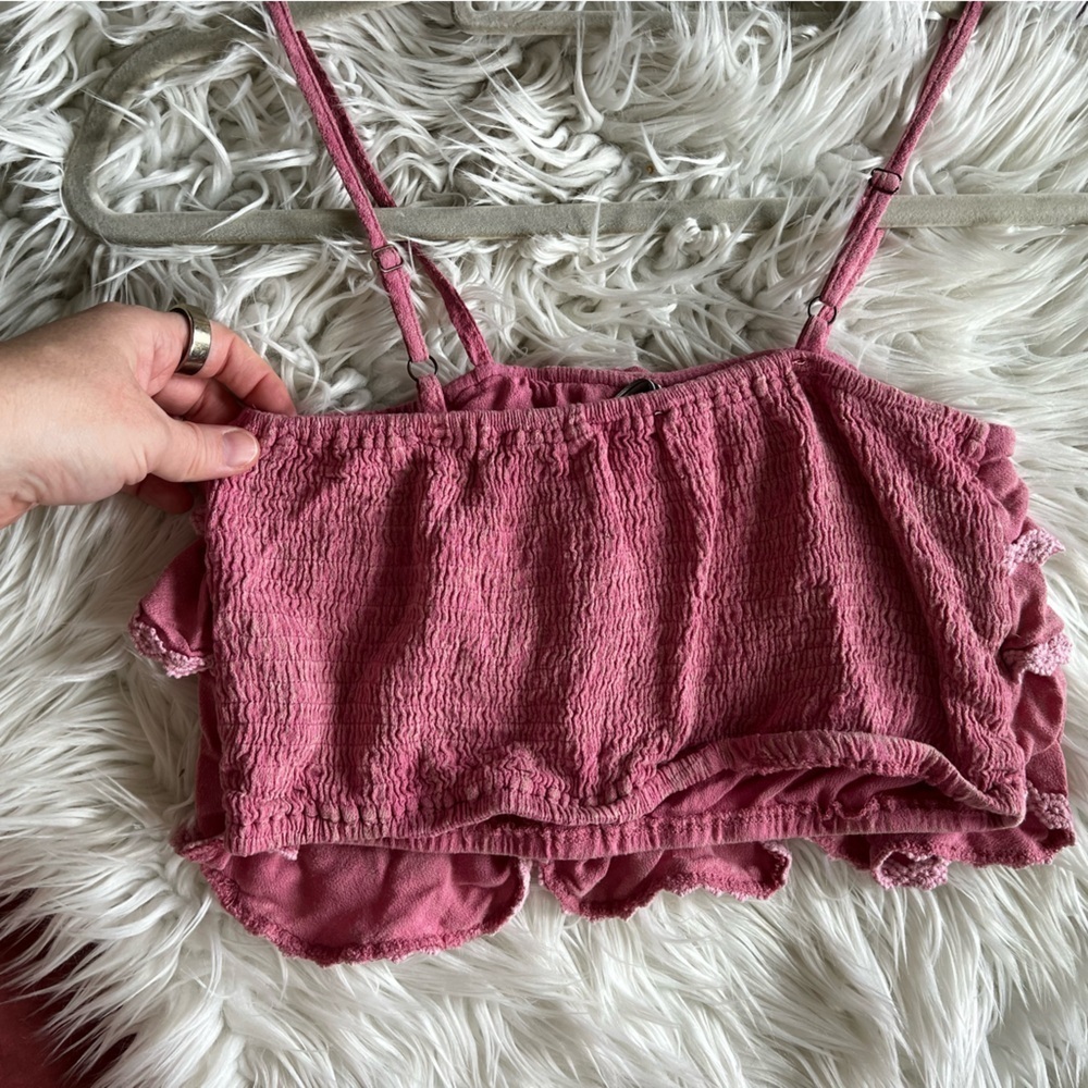 POL Ruffle Lace Crop Top L | Pink Smocked Boho Tank Adjustable Straps - Picture 6 of 9